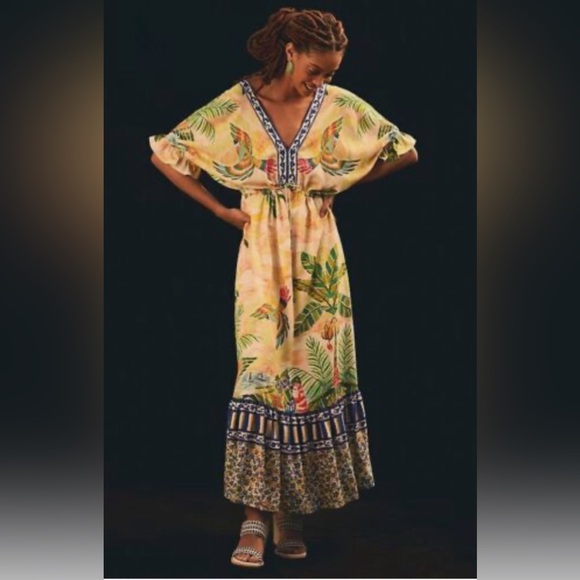 Rare‼️FARM Rio Tropical Print V-Neck Puff Sleeve Maxi Dress Fits Size XS or S - Picture 4 of 16